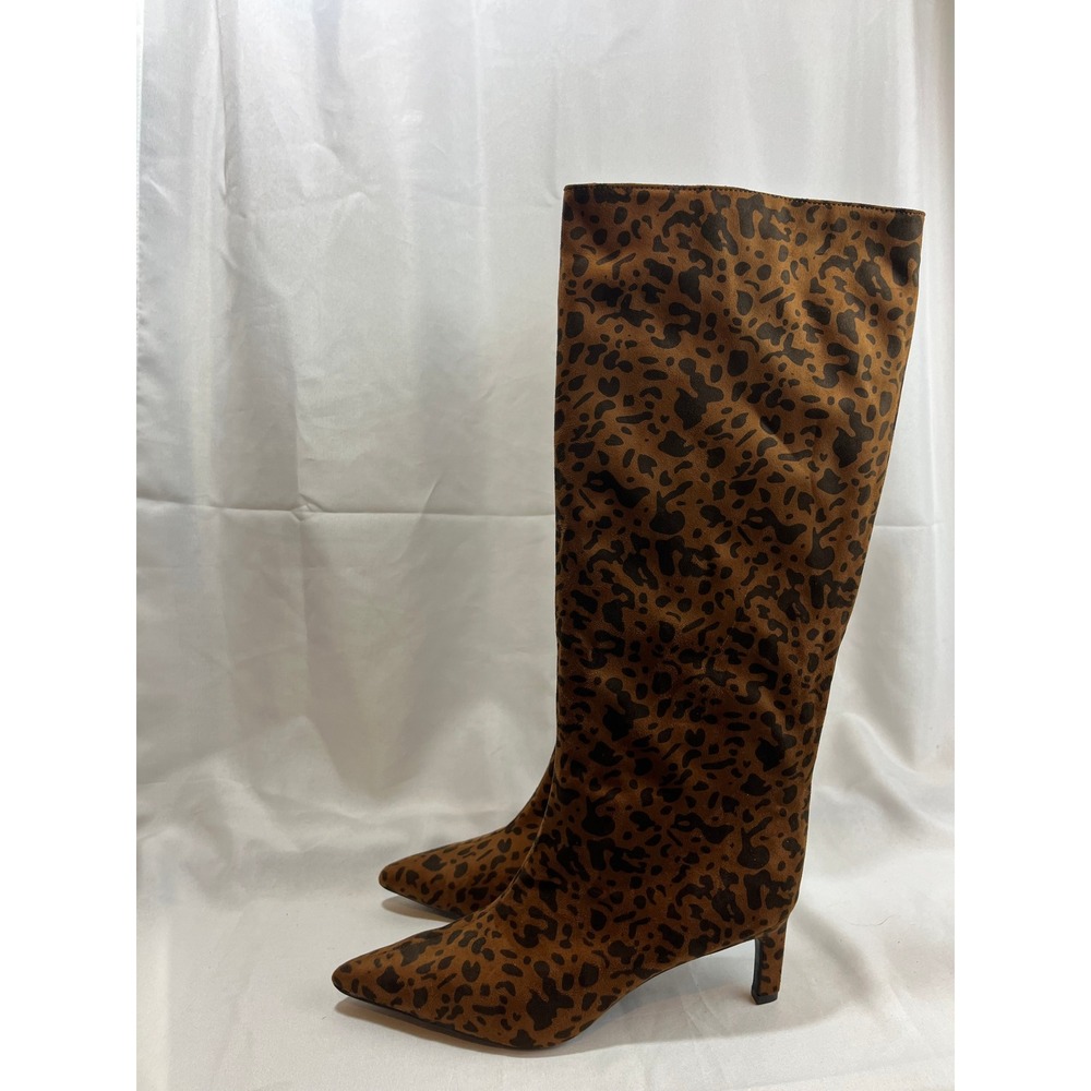 A New Day Womens Leopard Print Knee High Boots Pointed Toe Kitten Heel Brown 11